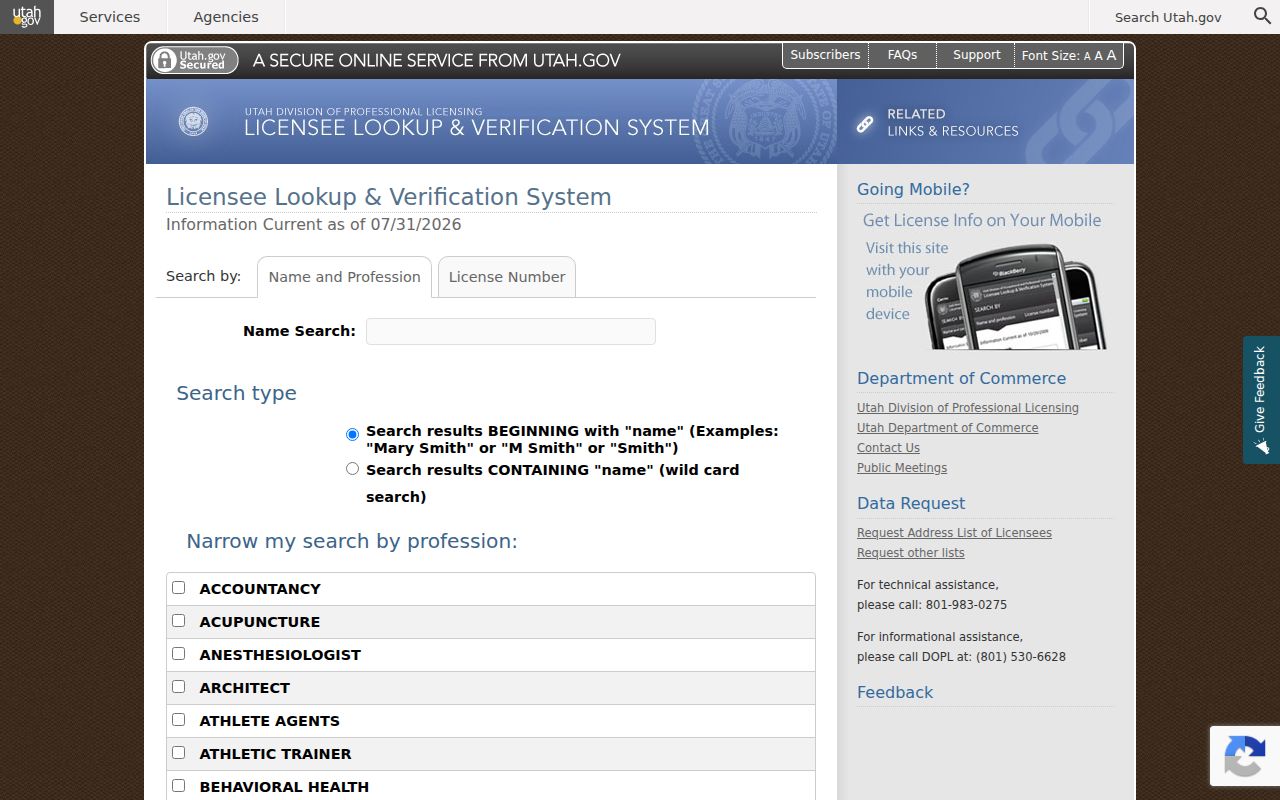 Washington people directories through Utah professional license verification