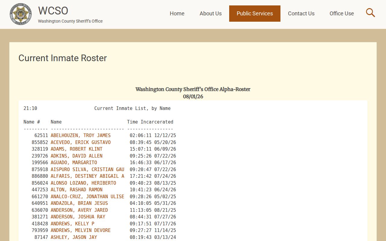 Washington public records current inmate roster for Washington County